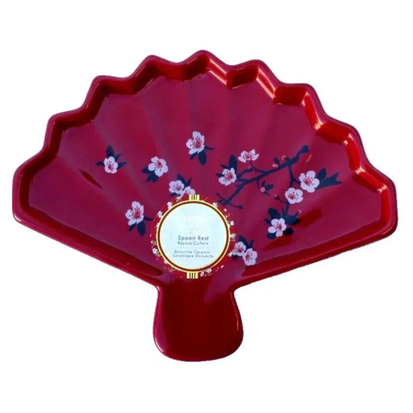 New Red Lunar Cherry Blossom New Year Japanese Ceramic Spoon Rest - Picture 1 of 1